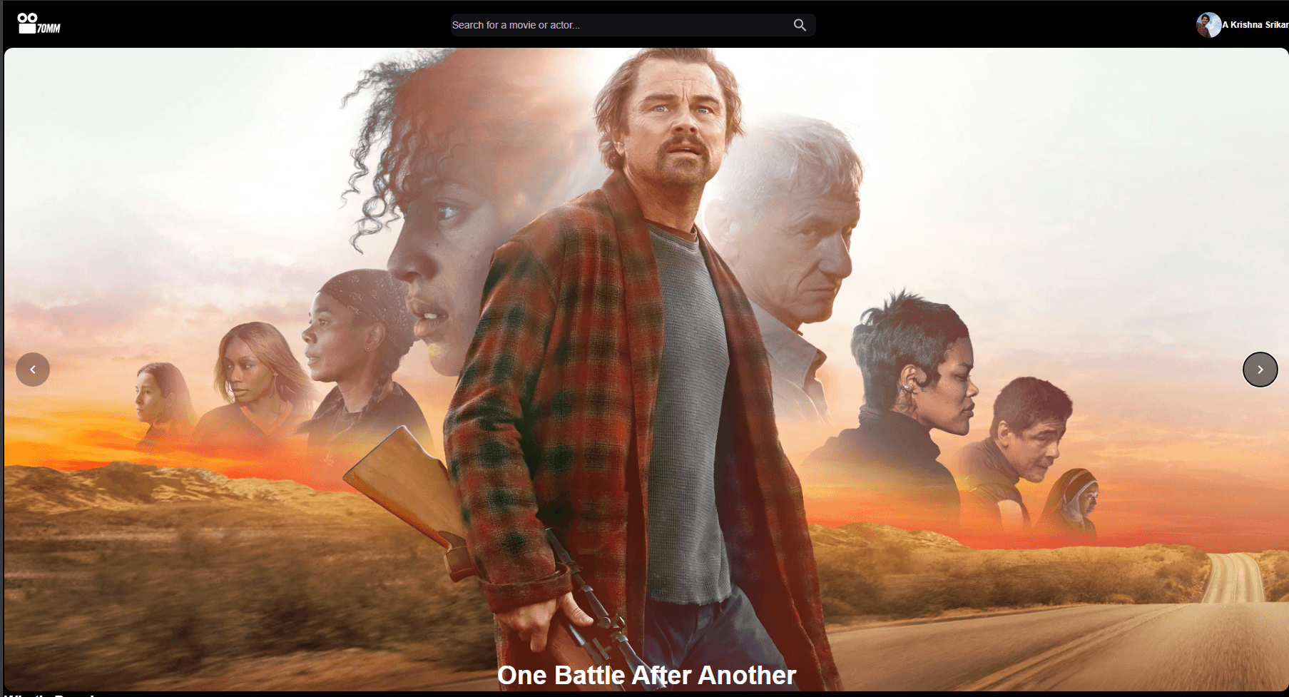 CinemaScope home screen, a dark cinematic film discovery interface with a full-width movie backdrop
