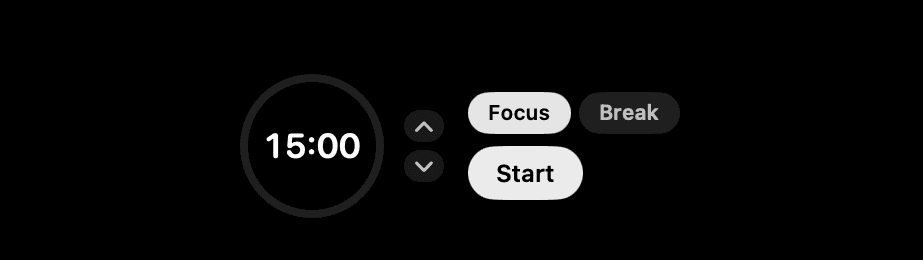 Glance's Pomodoro screen expanded below the MacBook notch, ring timer, Focus/Break selector, Start button